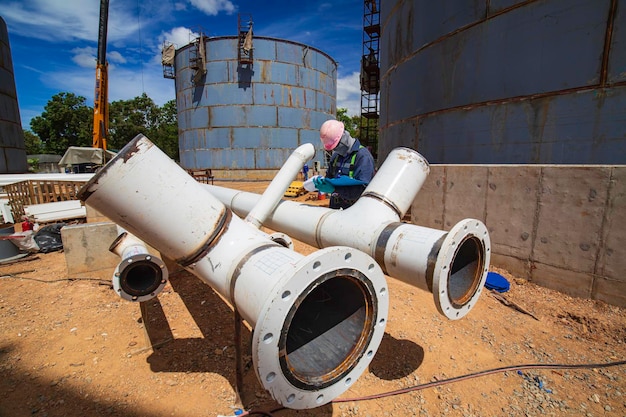 Male worker inspection at steel long pipes and pipe elbow new construction oil tank of visual check record pipeline oil and gas