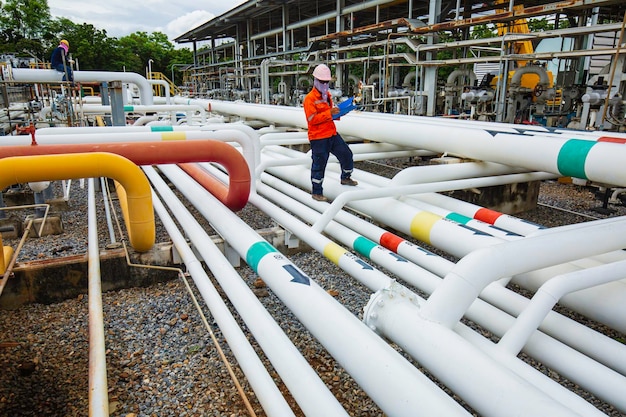 Male worker inspection at steel long pipes and pipe elbow in station flow oil factory during refinery valve of check pipeline oil