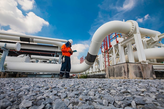 Male worker inspection at steel long pipes and pipe elbow in station oil factory during refinery valve of visual check record pipeline oil and gas industry