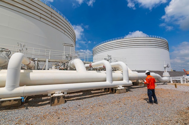 Ispezione del lavoratore di sesso maschile a tubi lunghi in acciaio e gomito del tubo nella fabbrica di petrolio della stazione durante la valvola di raffineria del controllo visivo dell'olio del serbatoio dell'oleodotto