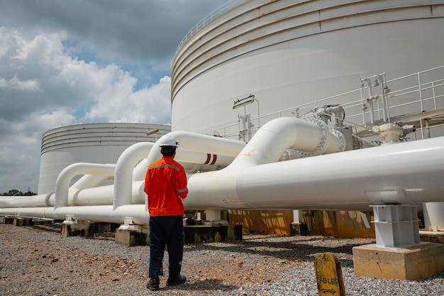 Male worker inspection at steel long pipes and pipe elbow in\
station oil factory during refinery valve of visual check record\
pipeline tank oil