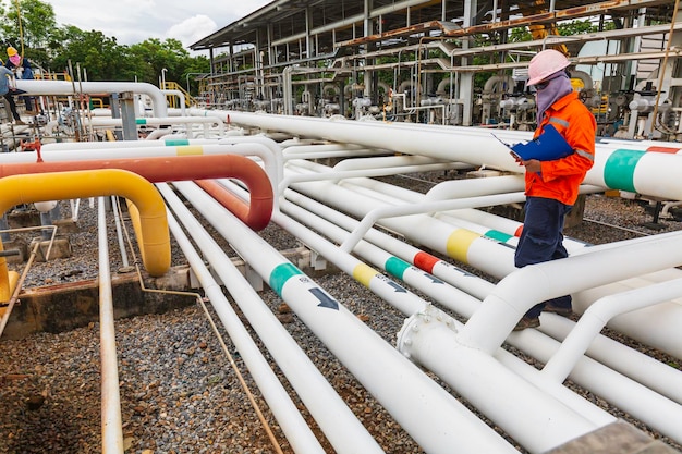 Male worker inspection at steel long pipes and pipe elbow in\
station oil factory during refinery valve of visual check record\
pipeline