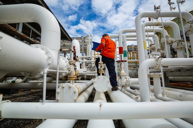 Male worker inspection at steel long pipes and pipe elbow in\
station oil factory during refinery valve of visual check record\
pipeline