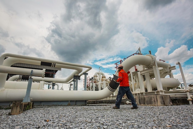 Male worker inspection at steel long pipes and pipe elbow in\
station oil factory during refinery valve of visual check record\
pipeline