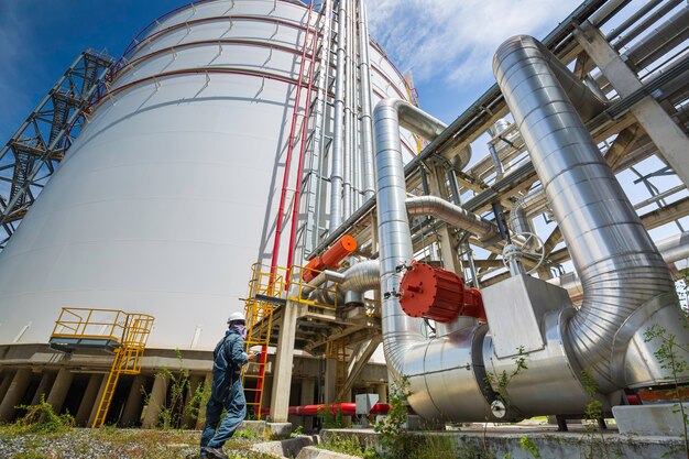 Male worker inspection at steel long pipes and pipe elbow in station oil factory during refinery valve of tank visual check record