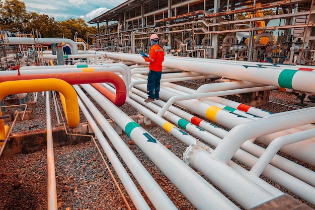 Male worker inspection at steel long pipes and pipe elbow in station oil factory during refinery valve of visual check record pipeline tank oil and gas