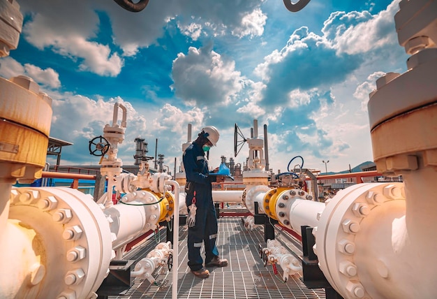 Male worker inspection at steel long pipes and pipe elbow in station oil factory during refinery valve of visual check record pipeline tank oil and gas