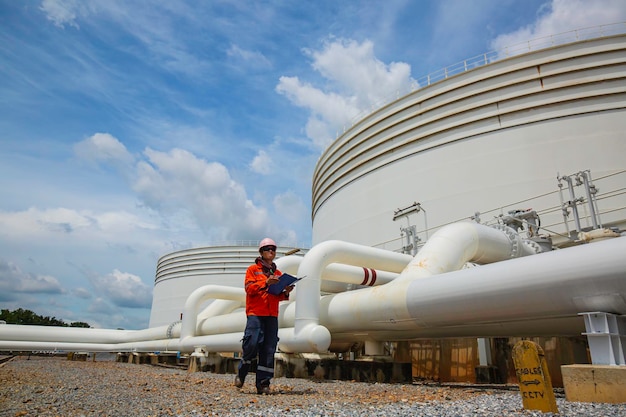 Male worker inspection at steel long pipes and pipe elbow in station oil factory during refinery valve of visual check record pipeline tank oil