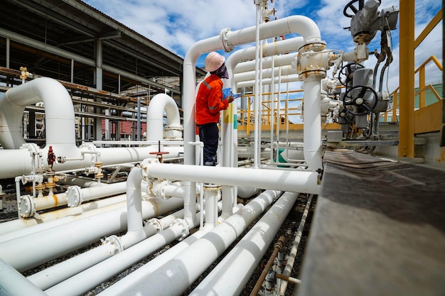 Male worker inspection at steel long pipes and pipe elbow in station oil factory during refinery valve of visual check record pipeline