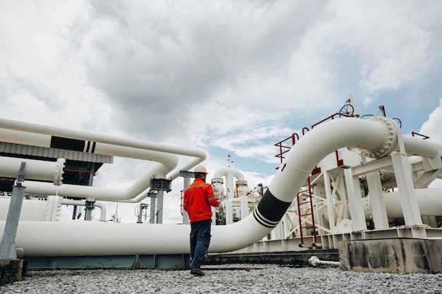 Male worker inspection at steel long pipes and pipe elbow in station oil factory during refinery valve