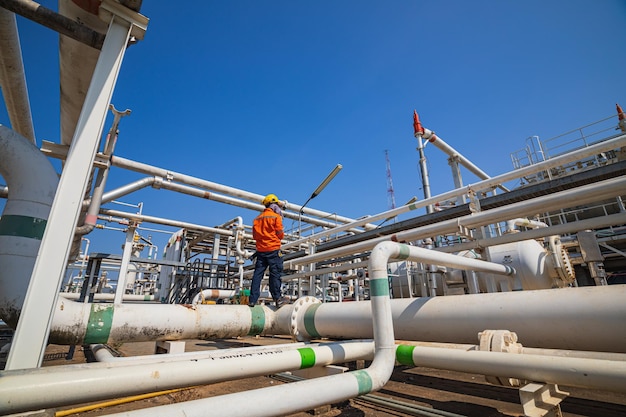 Male worker inspection at valve of visual check record pipeline oil and gas