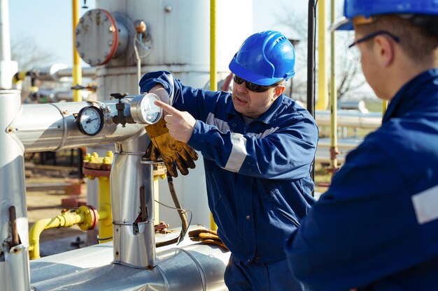 Photo male worker inspection visual pipeline oil and gas