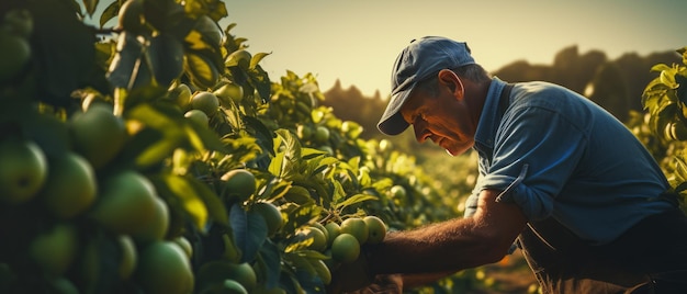 A male worker is tending the apple harvest that were created by realistic Generative AI