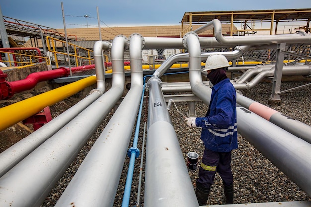 Male worker painted gray at pipeline oil flowing valve