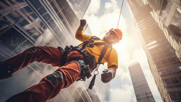 Male worker rope access industrial working at height tank oil wearing harness helmet safety equipme