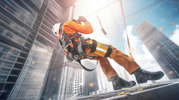 Male worker rope access industrial working at height tank oil wearing harness helmet safety equipme