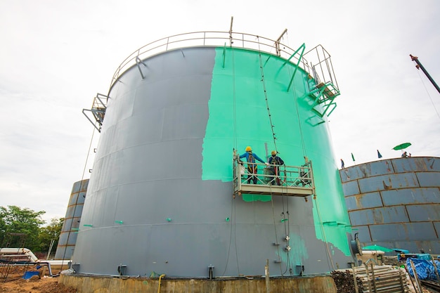 The male worker takes the cable car holding an industrial\
painting brush used for shell plate tank oil surface surface green\
color