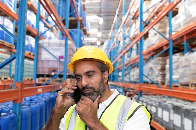 Photo male worker talking on mobile phone in warehouse