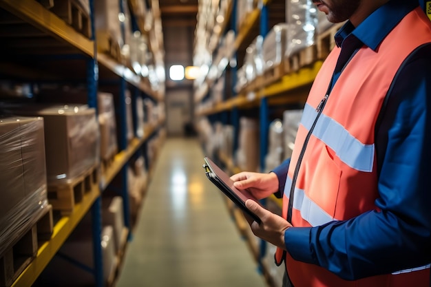 Male worker in a warehouse holding a tablet