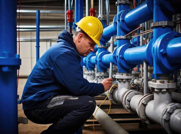 A male worker at a water supply station inspects water pump valve equipment at a large industrial estate Water pipes Industrial plumbing