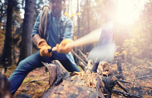 Male worker with an ax chopping a tree in the forest