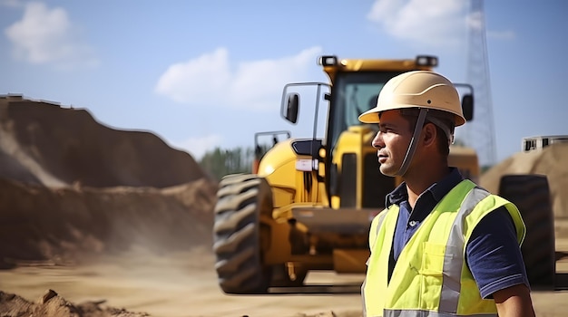 Male worker with bulldozer in sand quarry