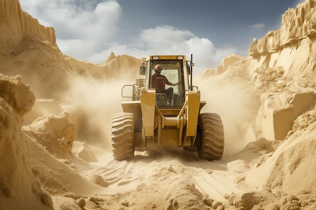 male worker with bulldozer in sand quarry