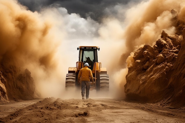 male worker with bulldozer in sand quarry