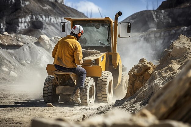 male worker with bulldozer in sand quarry