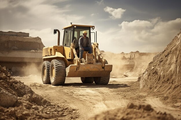 male worker with bulldozer in sand quarry