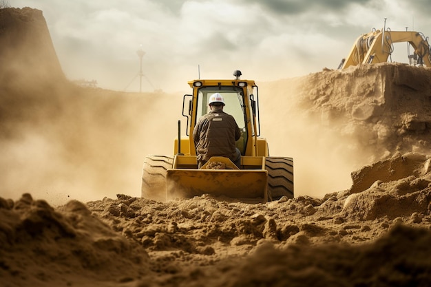 male worker with bulldozer in sand quarry