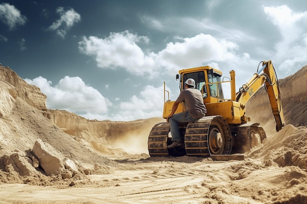 male worker with bulldozer in sand quarry