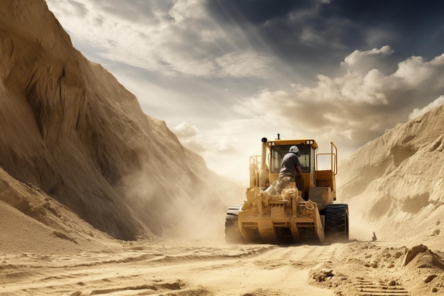 male worker with bulldozer in sand quarry