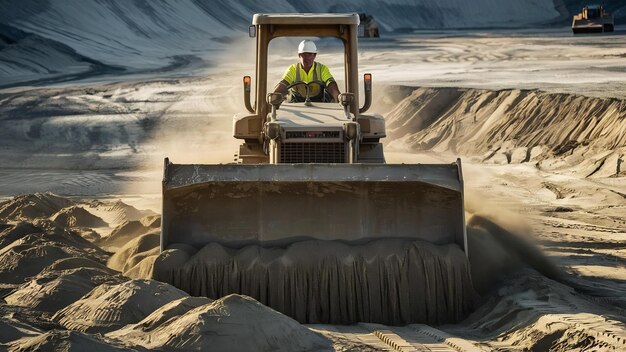 Photo male worker with bulldozer in sand quarry