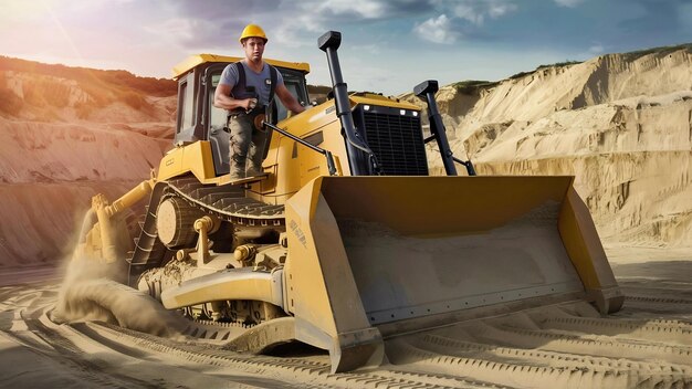 Photo male worker with bulldozer in sand quarry