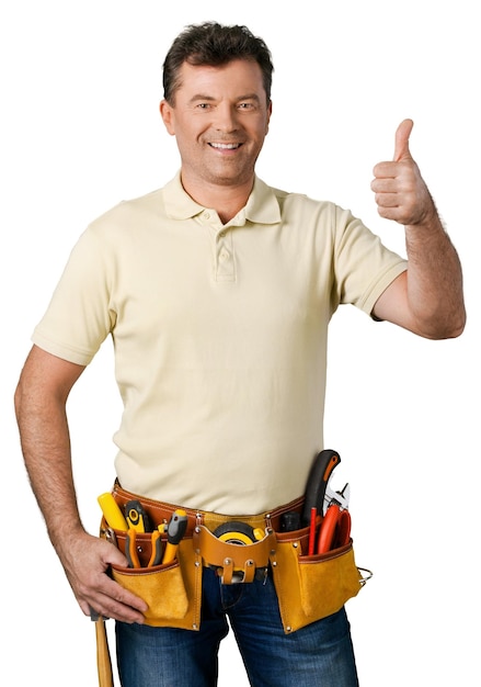 Male worker with tool belt isolated on white  background