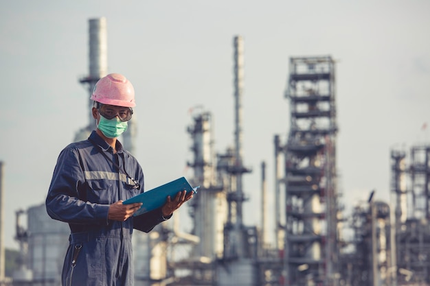 Рабочие-мужчины проводят инспекции и регистрируют процесс нефтепереработки на промышленной строительной площадке по добыче нефти и газа.