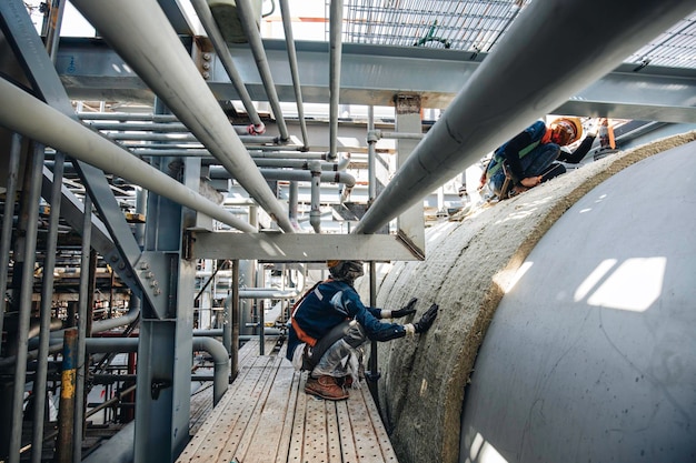 Male workers lay the sheets on the insulation tank