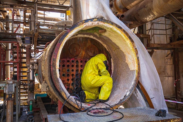 Male workers use highpressure water jets to clean splashing the dirt of tube boilers in industrial areas or toxic hazardous material sulfur