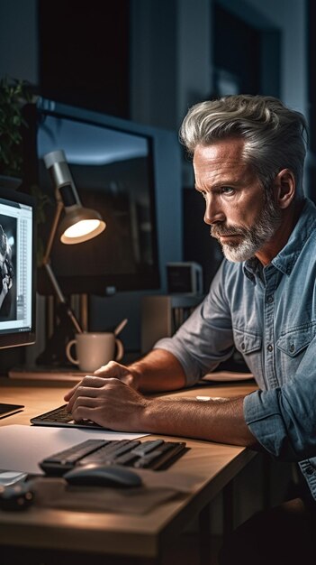 Foto un maschio che lavora al computer con il tè