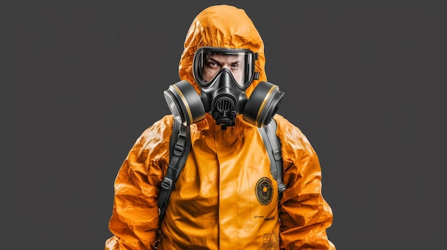 male in yellow gas suit and respirator