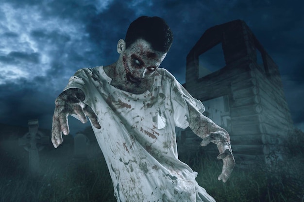 Male zombie walking near an abandoned house