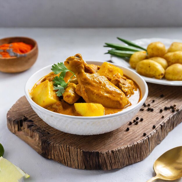 Maleisische stijl kip curry met aardappelen kari ayam selectieve focus witte achtergrond