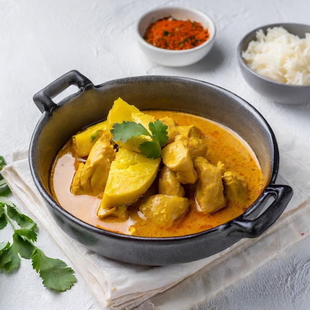 Maleisische stijl kip curry met aardappelen kari ayam selectieve focus witte achtergrond