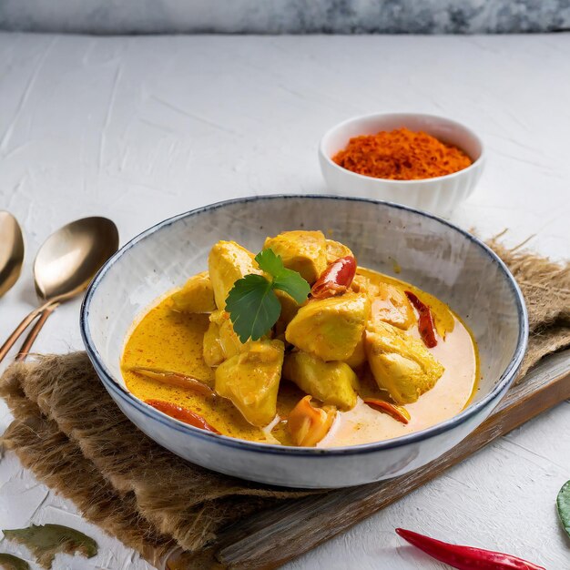 Maleisische stijl kip curry met aardappelen kari ayam selectieve focus witte achtergrond