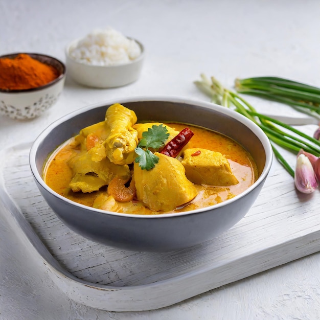 Maleisische stijl kip curry met aardappelen kari ayam selectieve focus witte achtergrond