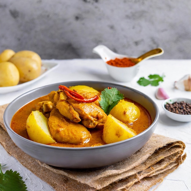 Maleisische stijl kip curry met aardappelen kari ayam selectieve focus witte achtergrond