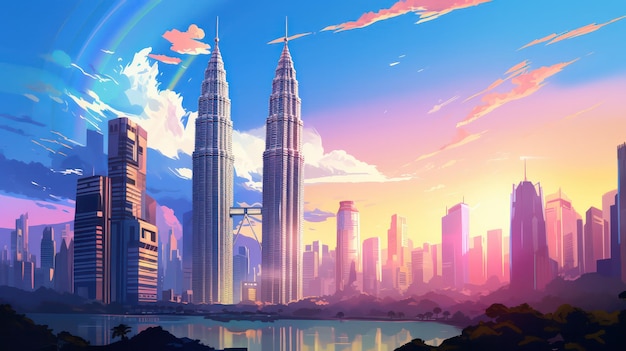 Foto maleisische twin tower poster in de avond met blue sky view