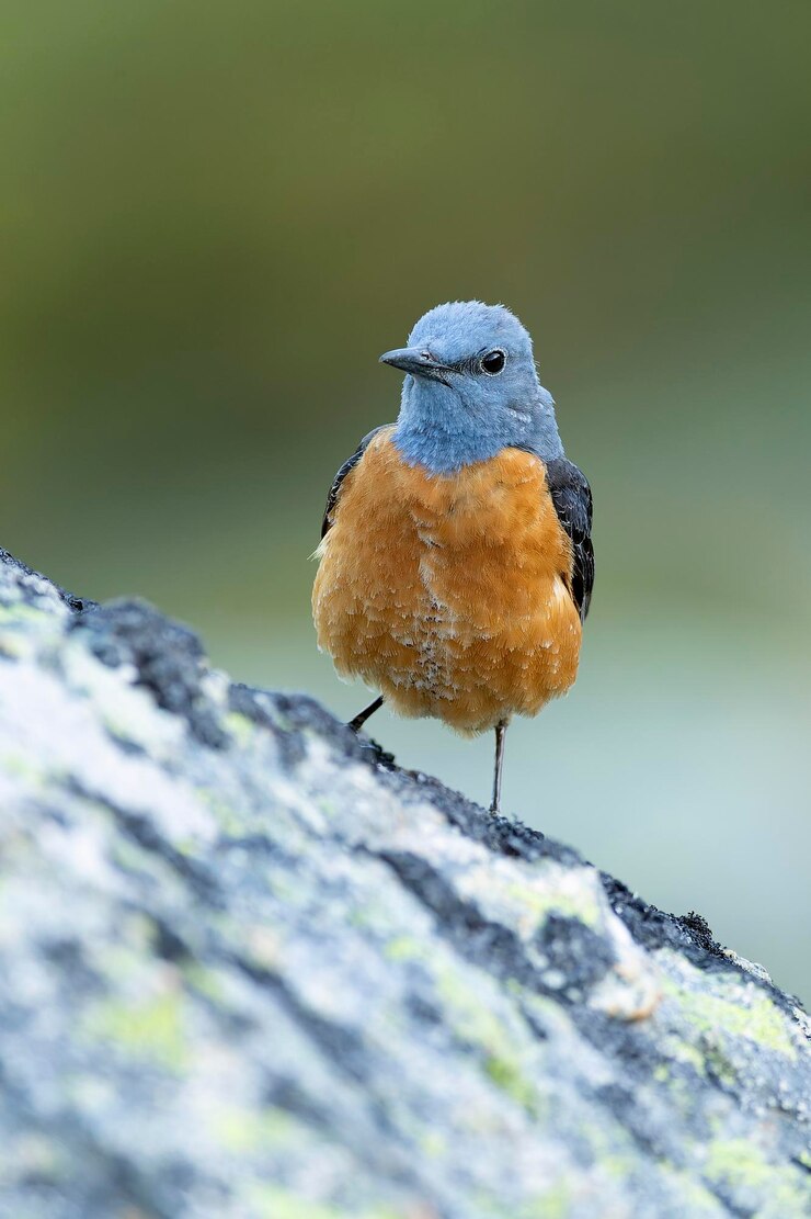 Maleoustailed Rock Thrush bij het eerste licht van een voorjaarsdag in een bergachtig gebied met rotsen