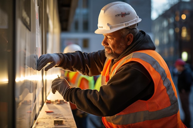 Males technician measuring window frame at construction